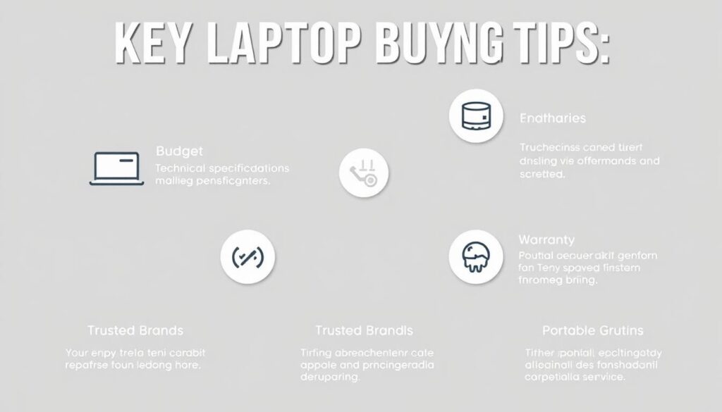 Ilustrasi 5 tips membeli laptop dengan ikon untuk panduan lengkap membeli dan menggunakan laptop