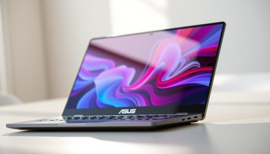 A close-up view of the sleek and modern ASUS Vivobook Ultra 15 OLED laptop, showcasing its vibrant and detailed 15-inch OLED display. The screen appears to be turned on, displaying a high-resolution image with rich, saturated colors and deep blacks. The laptop is positioned on a clean, minimalist desk, with natural lighting gently illuminating the scene from the side, creating a soft, ambient glow. The camera angle captures the display at a slight upward tilt, highlighting the thin, elegant profile of the device and its smooth, matte-finished aluminum chassis. The overall composition emphasizes the exceptional visual quality and attention to detail of the ASUS Vivobook Ultra 15 OLED, making it an ideal choice for professional presentations and multimedia tasks.