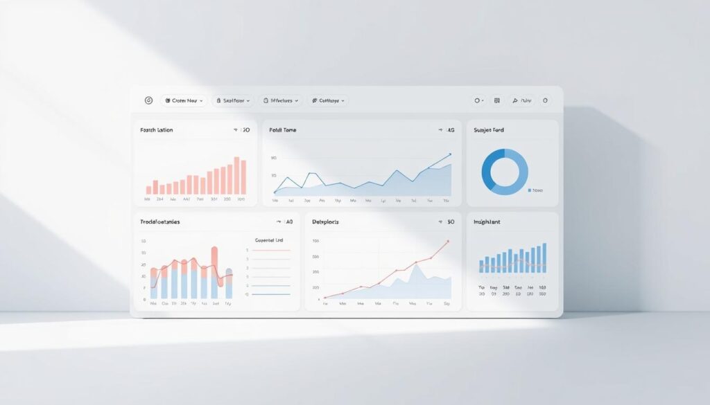 A data dashboard with a clean, minimalist design, featuring intuitive visualizations and analytics tools. The dashboard is set against a bright, airy background, with soft shadows and subtle highlights that create a sense of depth and three-dimensionality. The layout is well-organized, with clear sections for different types of data and insights. The color palette is muted and calming, using shades of blue, gray, and white to convey a professional, trustworthy atmosphere. The user interface is designed with smooth, responsive interactions, making it easy to navigate and explore the various data points and insights. The overall impression is one of efficiency, clarity, and a focus on delivering valuable information to the user.