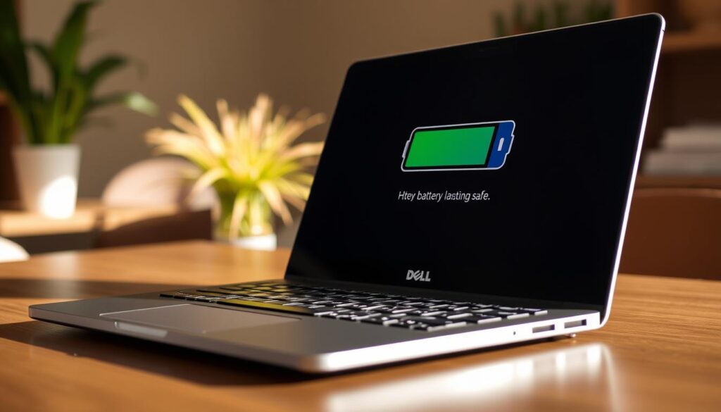 A laptop screen displays the battery life indicator, showing a long-lasting charge. The Dell XPS 13 laptop is positioned prominently, its sleek, silver chassis reflecting the light. The scene is bathed in warm, natural lighting, creating a sense of productivity and efficiency. The laptop is angled slightly, revealing its slim profile and highlighting the premium materials used in its construction. The background is blurred, keeping the focus on the device and its impressive battery endurance.