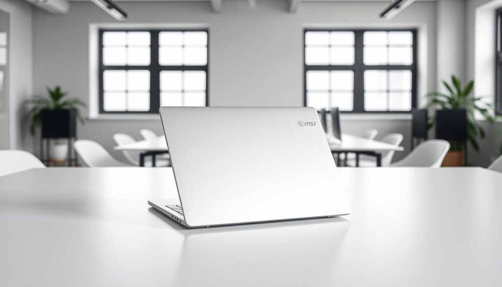 A minimalist and sleek laptop in a well-lit office setting. A silver MSI Modern 14 laptop sits atop a clean, uncluttered desk, its aluminum chassis reflecting the soft, diffused lighting from large windows in the background. The laptop's simple, elegant design stands out against the neutral, monochromatic tones of the workspace, creating a sense of sophistication and professionalism. The scene conveys a sense of efficiency and focus, with the laptop as the central point of attention, ready to power through productive workdays.