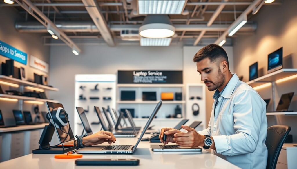 A modern, well-equipped laptop service center with a bright, inviting atmosphere. The foreground features a technician carefully examining a laptop, using specialized tools and diagnostic equipment. In the middle ground, a display showcases various laptop models, accessories, and service offerings. The background depicts a clean, organized workspace with shelves stocked with replacement parts and a sleek, minimalist design. Warm, natural lighting illuminates the scene, creating a professional and trustworthy ambiance. The overall composition conveys a sense of expertise, reliability, and dedication to providing exceptional laptop services.