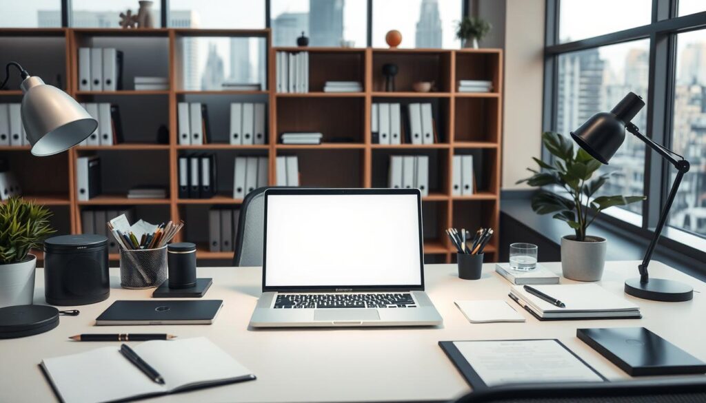A neatly arranged office workspace with a sleek, modern laptop at the center, surrounded by an array of essential office equipment and supplies. The laptop's screen casts a soft, ambient glow, illuminating the workspace. In the background, a minimalist bookshelf and a large window overlooking a bustling city skyline create a sense of professionalism and productivity. Carefully selected stationery, a stylish desk lamp, and a potted plant add subtle touches of personality to the scene. The overall composition exudes a balance of functionality and aesthetic appeal, reflecting the ideal work environment for the discerning office professional.