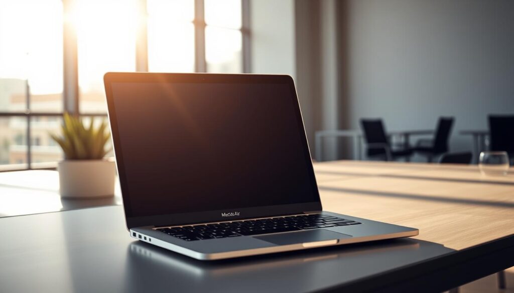 A sleek and lightweight MacBook Air M3 laptop, positioned prominently against a backdrop of a modern, minimalist office space. The device is depicted with a silver aluminum unibody chassis, accentuated by the iconic Apple logo glowing softly. Sunlight streams in through large windows, casting a warm, natural light across the scene. The laptop's display is open, showcasing its crisp, high-resolution screen, perfect for productive work on the go. The surrounding environment is clutter-free, with clean lines and muted tones, emphasizing the laptop's mobility and suitability for a professional setting. The overall mood is one of sophistication, efficiency, and the seamless integration of technology into a modern, fast-paced lifestyle.