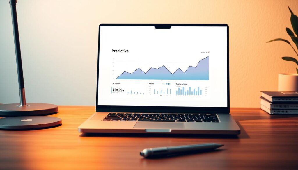 A sleek, modern laptop screen displaying predictive analytics data in a clean, minimalist interface. The screen is bathed in warm, directional lighting, casting subtle shadows and highlights that accentuate the crisp, high-resolution graphics. The laptop is positioned on a minimalist, wooden desk, surrounded by a sparse, clutter-free workspace to evoke a sense of professionalism and focus. The overall scene exudes a calm, authoritative atmosphere, conveying the reliable, trustworthy nature of the LaptopInsights resource.
