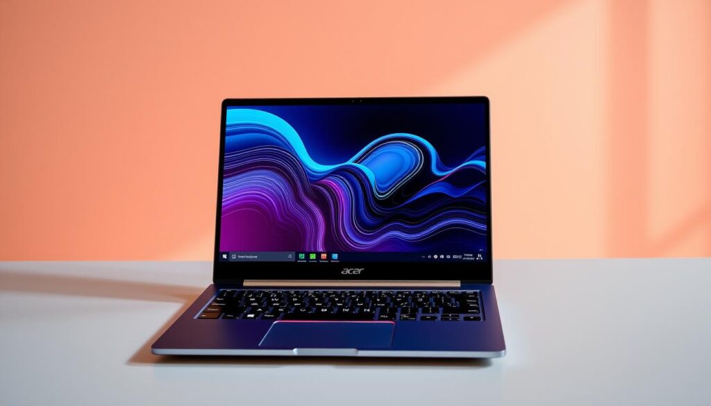 Acer Swift Go AI SFG14: a sleek, lightweight laptop with advanced AI capabilities. Set against a modern, minimalist backdrop, the device's streamlined aluminum chassis shines under warm, directional lighting. The display stands out with vibrant, color-accurate visuals, complemented by a slim bezel design. In the foreground, the laptop's touchpad and keyboard are highlighted, showcasing the precision and responsiveness of its AI-powered inputs. The overall scene conveys a sense of cutting-edge technology, professional sophistication, and accessibility, reflecting the laptop's position as a powerful yet affordable tool for the modern workplace.